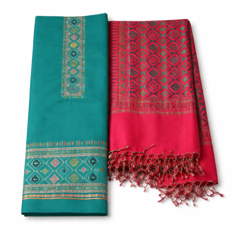 Elegant Teal & Red Embroidered Women Suit Set with Designer Dupatta