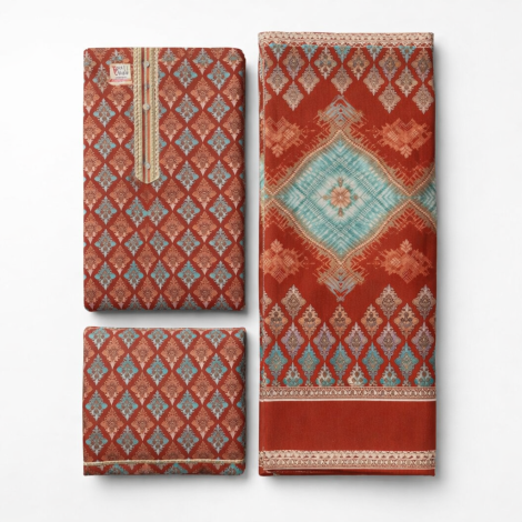 Elegant Maroon & Teal Printed Women Suit Set with Dupatta