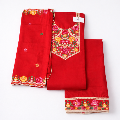 Elegant Red Embroidered Women’s Suit Set with Matching Dupatta